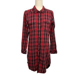 Kavu Jurnee Plaid Flannel Dress Red Black Button Front Long Sleeve Women's Sz S